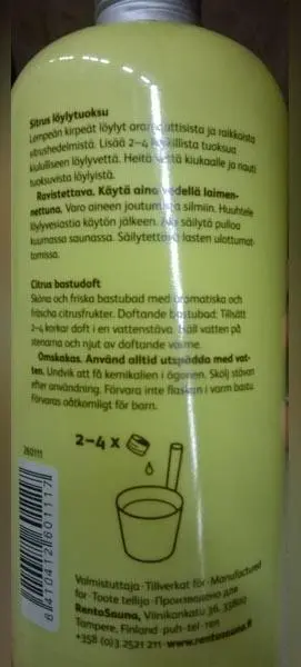 Photo de l’avis officiel: Rento Rento TAPA KYLPEÄ - löylytuoksu Sitrus ('Citrus sauna scent') Parfum de sauna — risque: Risque chimique