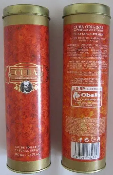 Foto aus der offiziellen Meldung: CUBA ORIGINAL by PARFUMS DES CHAMPS, CUBA GOLD FOR MEN Eau de Toilette — Risiko: Chemikalie