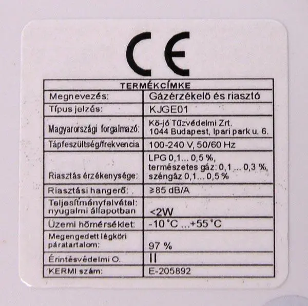 Foto uit de officiële melding: Gázérzékelő és Riasztó (Gas detector and alarm) Koolmonoxidedetector — risico: Verstikking