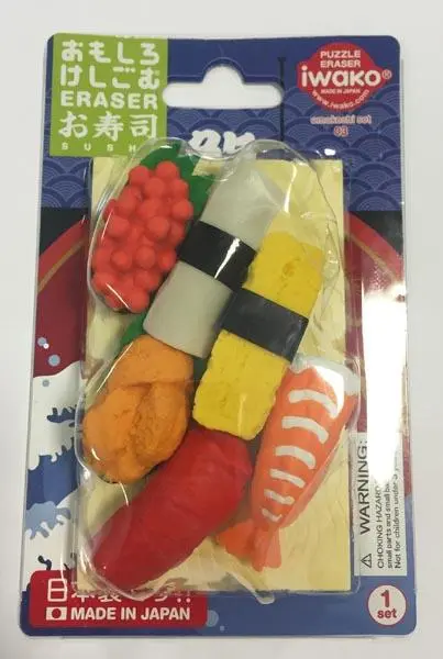 Photo from the official notice: Iwako Puzzle Eraser -  1) Eraser Japanese Sweets 2) Eraser Sushi 3) Eraser Anmitsu Shop erasers — choking risk
