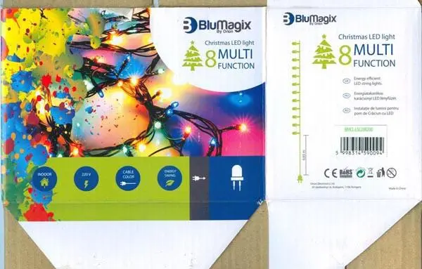 Photo from the official notice: Blumagix / Orion Christmas LED Light 8 MULTIFUNCTION lighting chain — electric shock & fire risk (A12/0684/16)