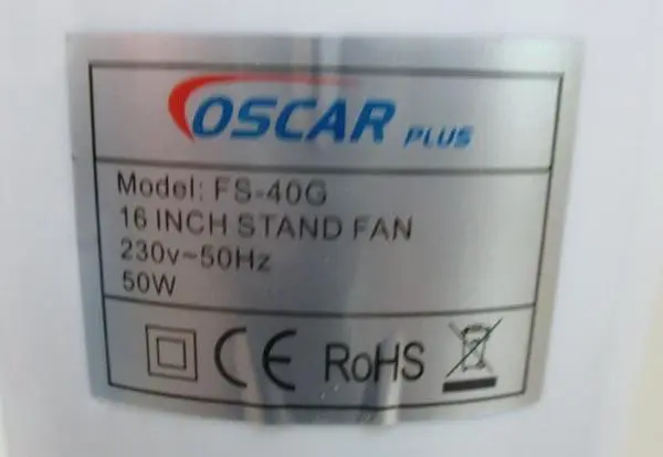 Foto dell’avviso ufficiale: Oscar Plus 16 Inch Stand Fan Ventola dello stand — rischio: Scossa elettrica & Lesioni