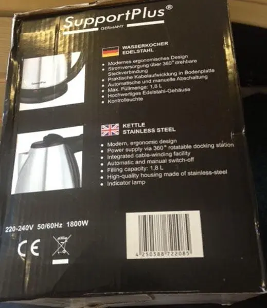 Photo from the official notice: SupportPlus Edelstahl Wasserkocher - Stainless Steel Kettle electric kettle — electric shock risk