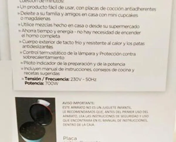 Foto aus der offiziellen Meldung: SOGO Máquina para hacer mini cupcakes y magdalenas caseras ('Machine to make home made mini-cupcakes and Cupca — Risiko: Elektrischer Schlag