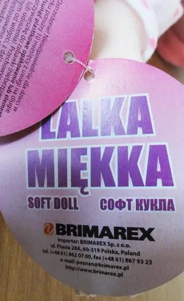 Photo from the official notice: Brimarex PLAYME - SOFT DOLL soft toy — choking risk