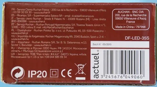Foto uit de officiële melding: Actuel - Auchan 35 LED** Lampes fixes Verlichtingsketting — risico: Elektrische schok