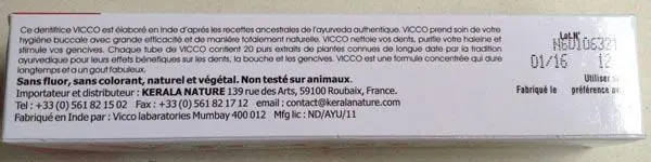 Foto dell’avviso ufficiale: Vicco Dentifrice Ayurvedique Aux 20 Plantes (Ayurvedic toothpaste made from 20 plants) Dentifricio — rischio: Rischio chimico & Rischio microbiologico
