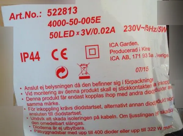 Foto do aviso oficial: ICA Garden Kopplingsbart Istappsslinga Corrente de iluminação — risco: Queimaduras