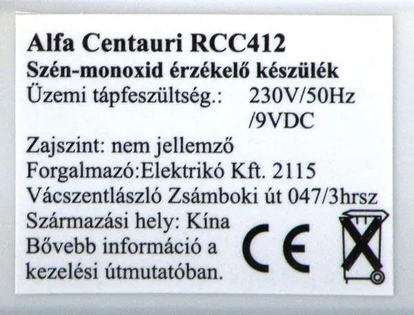 Photo from the official notice: Alfa Centauri Carbon Monoxide Detector / CO riasztó — suffocation risk