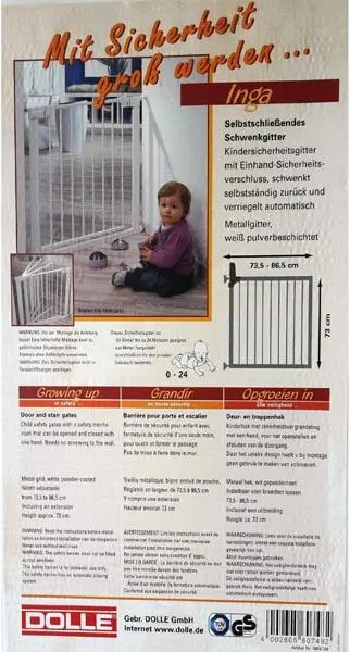 Foto aus der offiziellen Meldung: DOLLE Inga - Selbstschliessendes Schwenkgitter ('Inga - self-closing swing gate') Kindersicherungstor — Risiko: Verletzungen