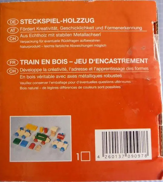 Foto do aviso oficial: Qsource Steckspiel-Holzzug ('Peg-in-hole wooden train') Comboio de brinquedo de madeira — risco: Químico