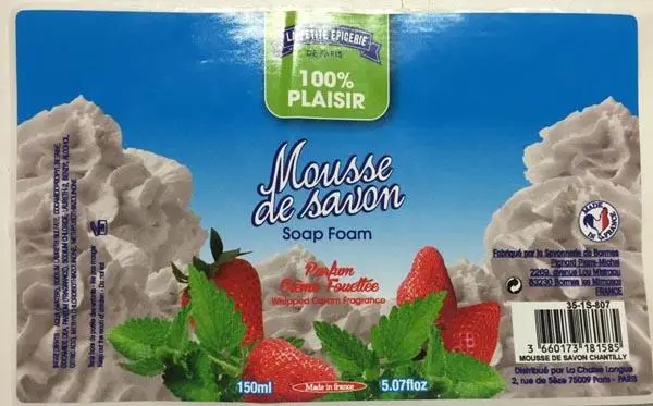 Foto aus der offiziellen Meldung: La Petite Épicerie de Paris Mousse de savon - Parfum créme fouettée ("Whipped-cream scented foaming soap") Sch — Risiko: Chemikalie