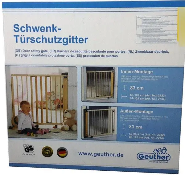 Foto aus der offiziellen Meldung: GEUTHER Schwenk-Türschutzgitter (Swinging safety gate for doors) Sicherheitstor für Kinder — Risiko: Ersticken & Strangulierung