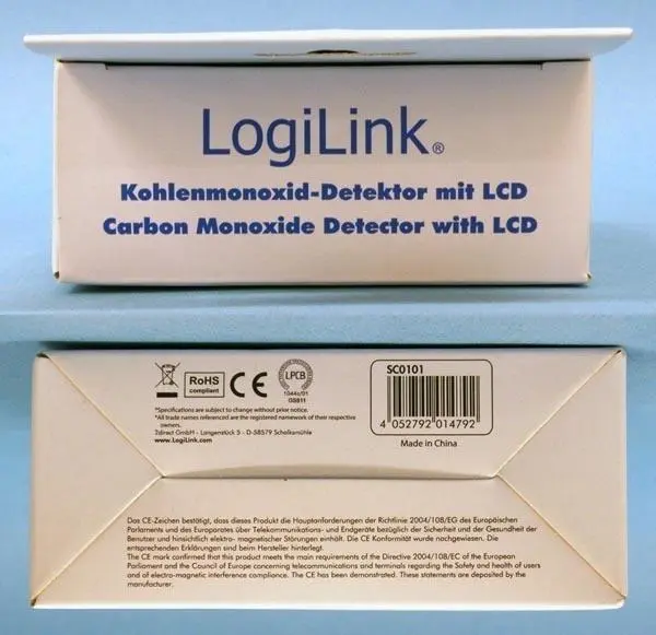Photo from the official notice: Logilink Carbon Monoxide Detector with LCD — suffocation risk