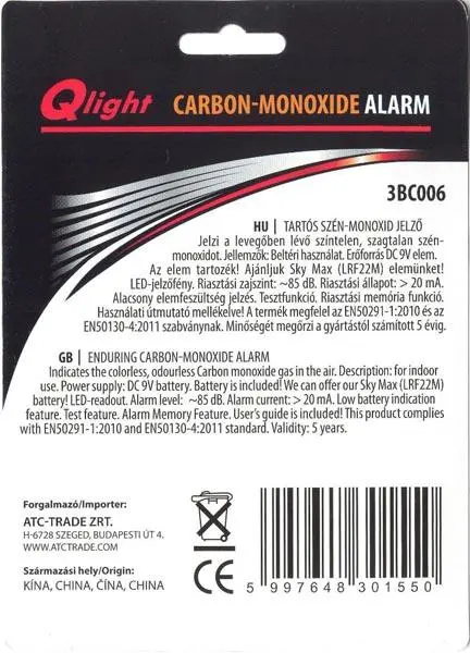 Photo de l’avis officiel: Qlight Carbon-Monoxide Alarm Détecteur de monoxyde de carbone — risque: Asphyxie