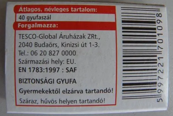 Foto dell’avviso ufficiale: Tesco Gyufa Partite di sicurezza — rischio: Incendio