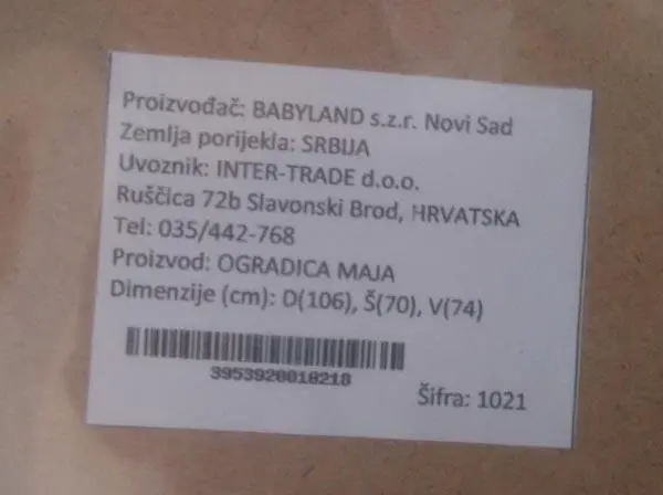 Photo from the official notice: Babyland OGRADICA MAJA ('Playpen May') — choking & entrapment risk