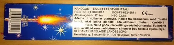 Photo from the official notice: Stjörnublys / Bengal flame fireworks — burns & fire risk