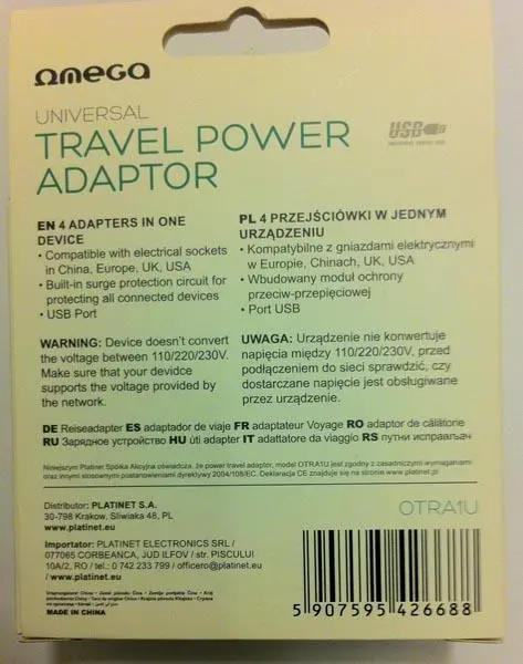 Foto aus der offiziellen Meldung: Omega 4 in1 Universal Travel Power Adaptor Reisestecker Adapter — Risiko: Elektrischer Schlag