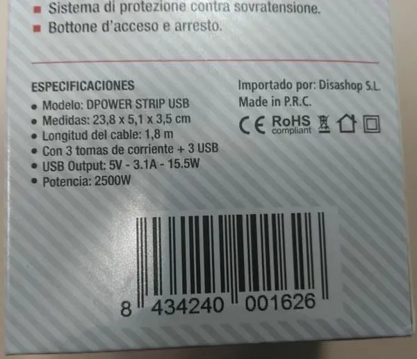 Foto do aviso oficial: DISASHOP DPOWER STRIP USB Chumbo de extensão da rede elétrica — risco: Choque elétrico