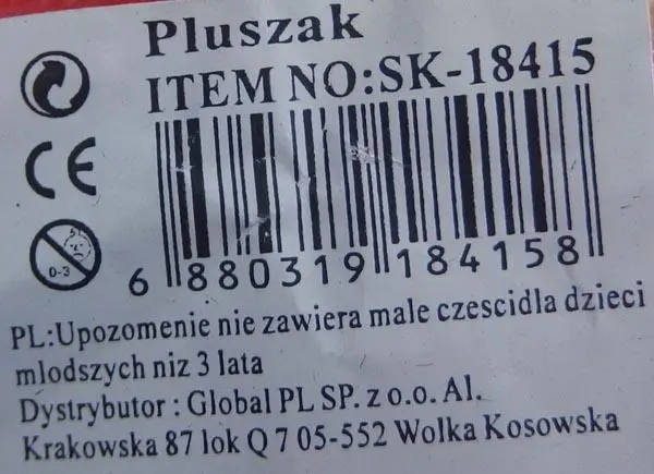Photo from the official notice: Pluszak (Plush toy) soft toy — suffocation & choking risk