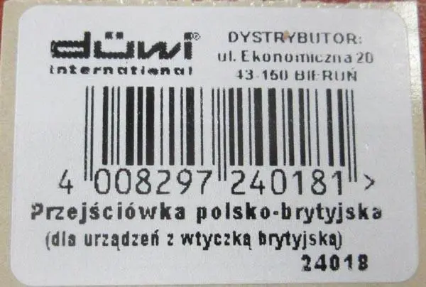 Foto do aviso oficial: Düwi International Przejsciowka polsko - brytyjska Adaptador de plugue — risco: Choque elétrico