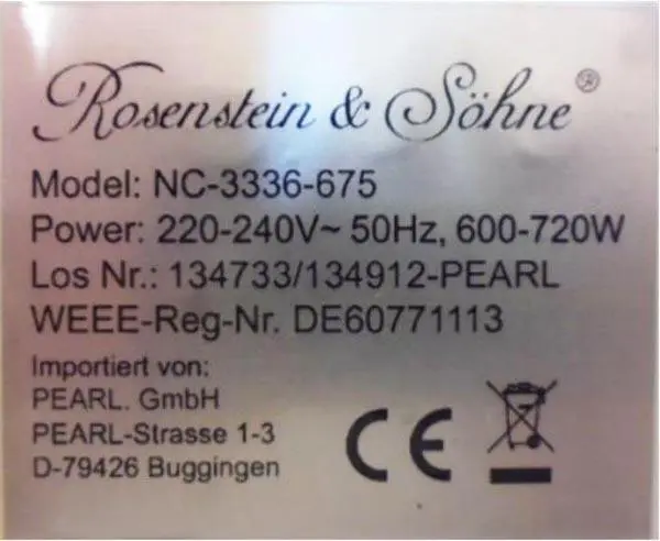 Photo from the official notice: Rosenstein &amp; Söhne breadmaker — fire risk