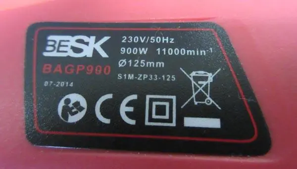 Photo from the official notice: Besk Angle Grinder — cuts risk