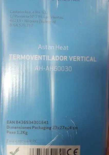 Foto aus der offiziellen Meldung: ASTAN HOGAR TERMOVENTILADOR VERTICAL Heizlüfter — Risiko: Elektrischer Schlag