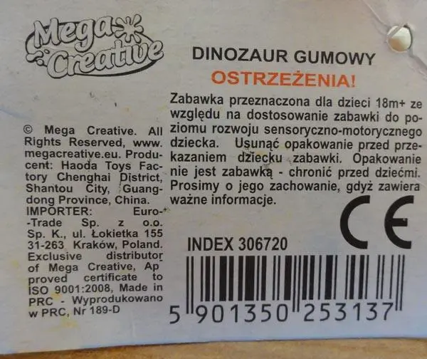 Foto uit de officiële melding: Mega Creative Dinozaur gumowy [Rubber dinosaur] Speelgoed dinosaurus — risico: Chemische risico's