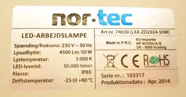 Photo de l’avis officiel: Nor-tec LED-arbejdslampe Projecteurs — risque: Choc électrique