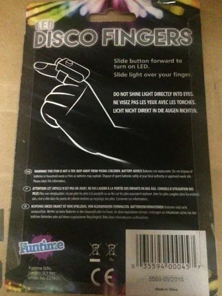 Foto dell’avviso ufficiale: Funtime LED Disco Fingers Lampade a LED — rischio: Rischio chimico