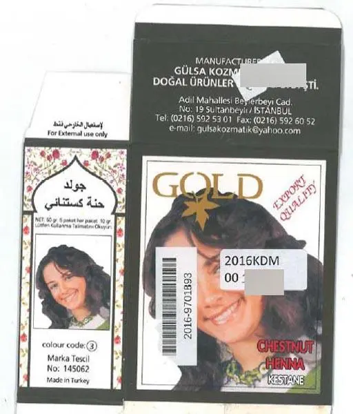 Foto uit de officiële melding: Gold 1.) Chestnut Henna, 2.) Red Henna 3.) Black Henna Haarkleuring product — risico: Chemische risico's