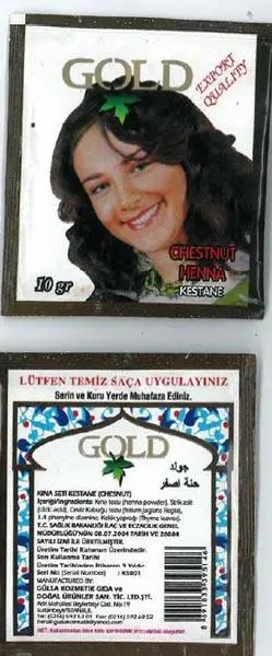 Foto uit de officiële melding: Gold 1.) Chestnut Henna, 2.) Red Henna 3.) Black Henna Haarkleuring product — risico: Chemische risico's
