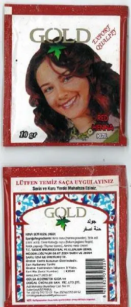 Foto uit de officiële melding: Gold 1.) Chestnut Henna, 2.) Red Henna 3.) Black Henna Haarkleuring product — risico: Chemische risico's