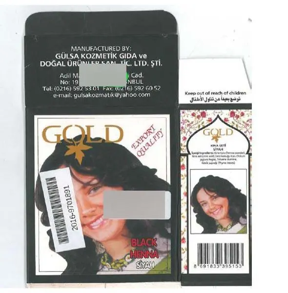 Foto uit de officiële melding: Gold 1.) Chestnut Henna, 2.) Red Henna 3.) Black Henna Haarkleuring product — risico: Chemische risico's