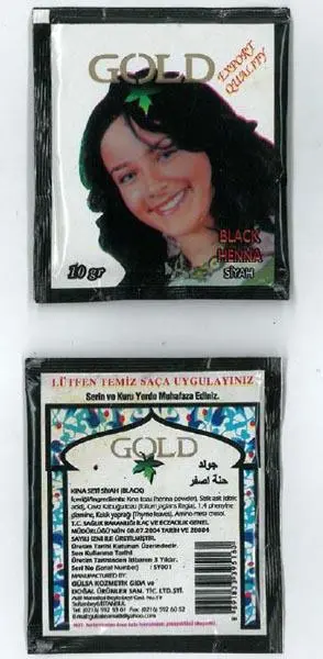 Foto uit de officiële melding: Gold 1.) Chestnut Henna, 2.) Red Henna 3.) Black Henna Haarkleuring product — risico: Chemische risico's