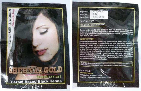 Foto aus der offiziellen Meldung: Shenaz Gold Shenaz Gold - Herbal Based Black Henna Haarfärbemittel — Risiko: Chemikalie