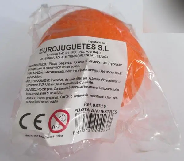 Foto do aviso oficial: Eurojuguetes Pelota Antiestrés ('Anti-stress ball') Bola de plástico — risco: Engasgamento
