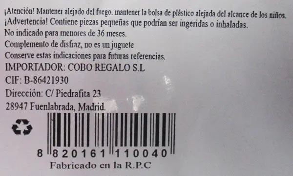 Photo from the official notice: MEILIYA fancy-dress costume — injuries risk