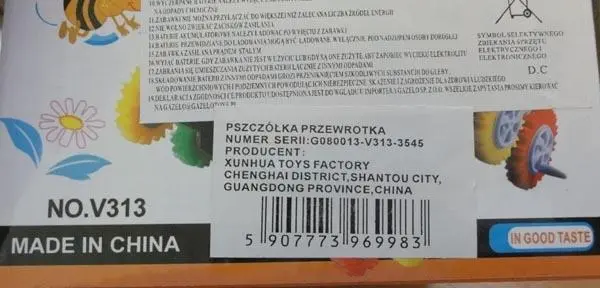 Photo from the official notice: Xunhua / Gazelo Toys Tip Lorry Happy/ Pszczolka przewrotka toy bee — choking risk
