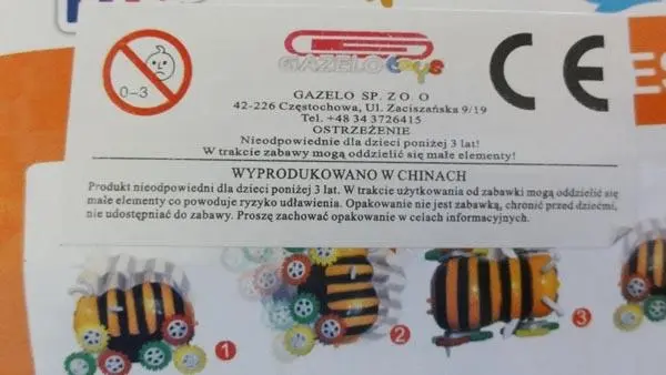 Photo from the official notice: Xunhua / Gazelo Toys Tip Lorry Happy/ Pszczolka przewrotka toy bee — choking risk