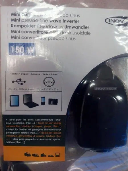 Foto aus der offiziellen Meldung: INOV TECH Mini pseudo-sine wave inverter Wechselrichter — Risiko: Elektrischer Schlag