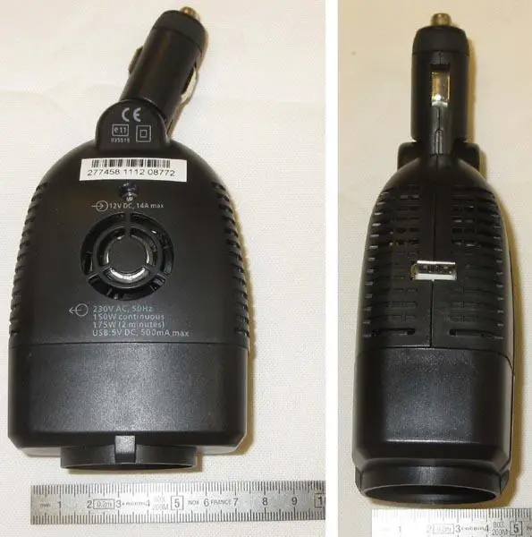 Foto aus der offiziellen Meldung: INOV TECH Mini pseudo-sine wave inverter Wechselrichter — Risiko: Elektrischer Schlag