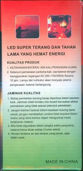 Photo de l’avis officiel: QUN BA PAKAI BATERAI BISA, ISI ULANG JUGA BISA Lampe LED portable — risque: Choc électrique & Incendie