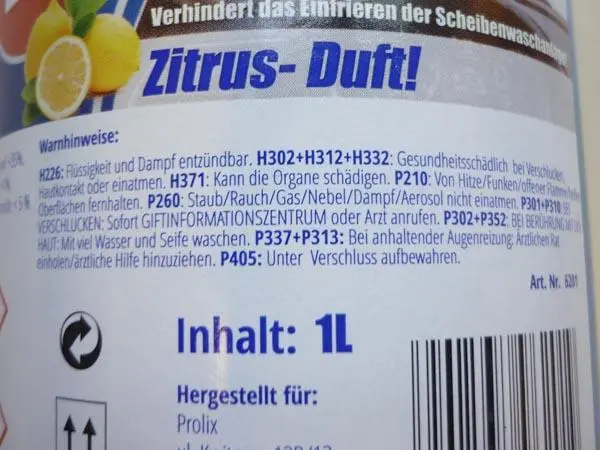 Foto aus der offiziellen Meldung: Prolix Scheibenreiniger Frostschutz Scheibenwaschmittel — Risiko: Chemikalie