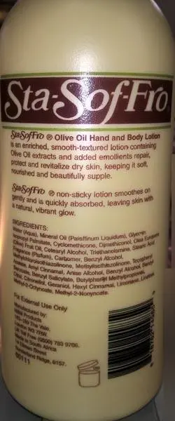 Foto do aviso oficial: Sta-sof-fro Olive Oil - Hand and Body Lotion Produto de cuidados com a pele — risco: Químico