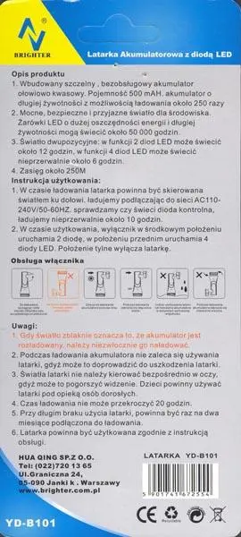 Photo from the official notice: Brighter TRWALA / Latarka Akumulatorowa z diodą LED rechargeable torch — electric shock & fire risk