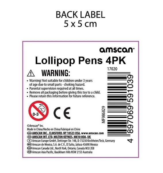Foto aus der offiziellen Meldung: Amscan 1) Lollipop Pens 4PK, 2) Lipstick Pens 2PK Neuheitsstifte — Risiko: Ersticken
