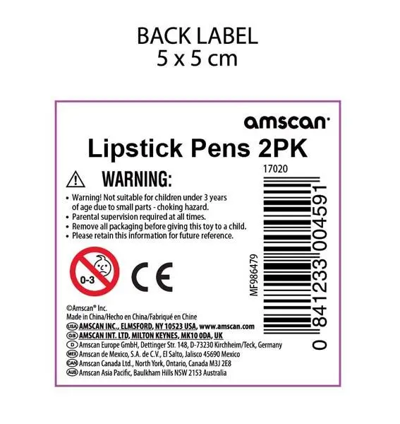 Foto aus der offiziellen Meldung: Amscan 1) Lollipop Pens 4PK, 2) Lipstick Pens 2PK Neuheitsstifte — Risiko: Ersticken